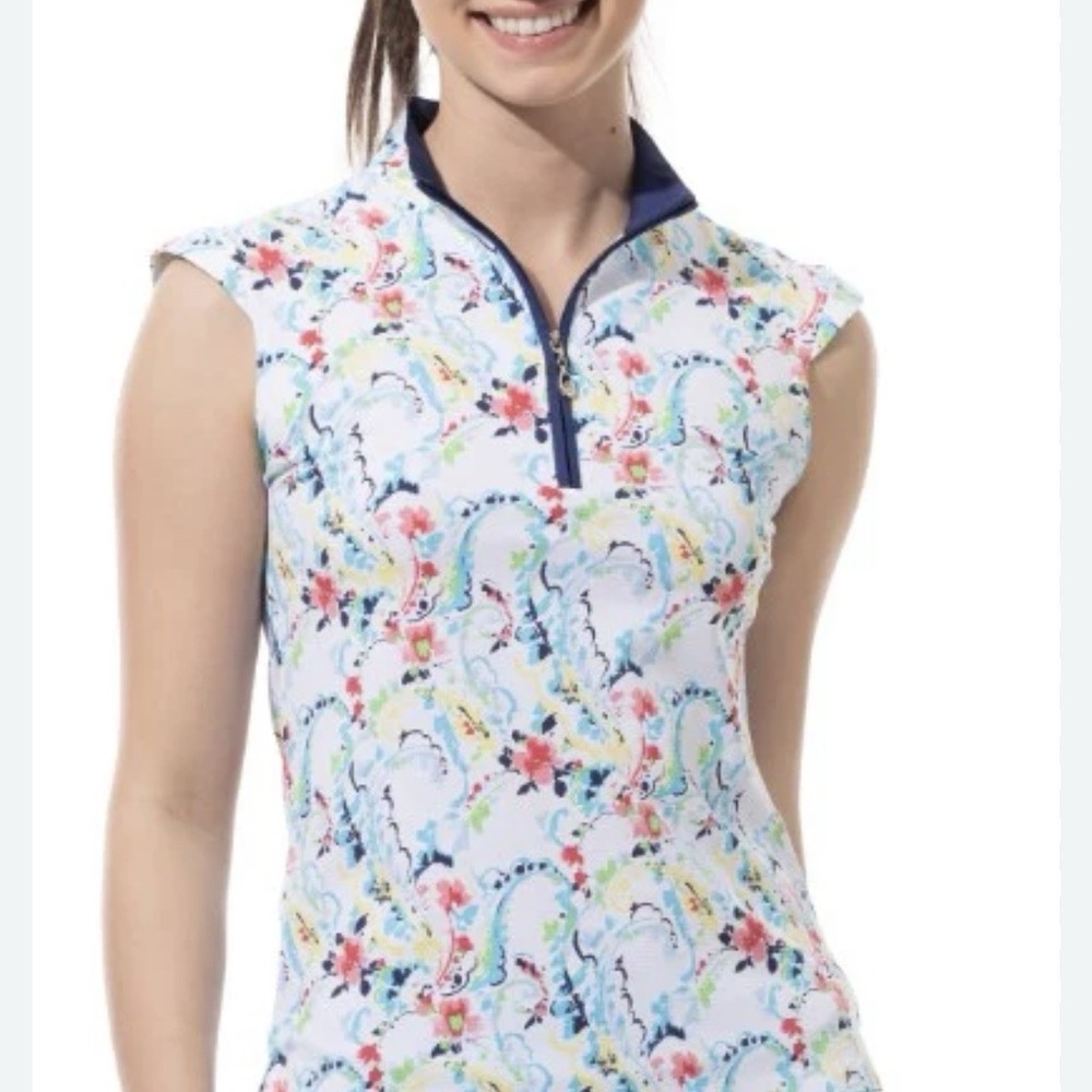San Soleil 1/4 Zip Tennis Golf Top Women XS Floral Blue‎ Pink Mesh Insert UPF 50